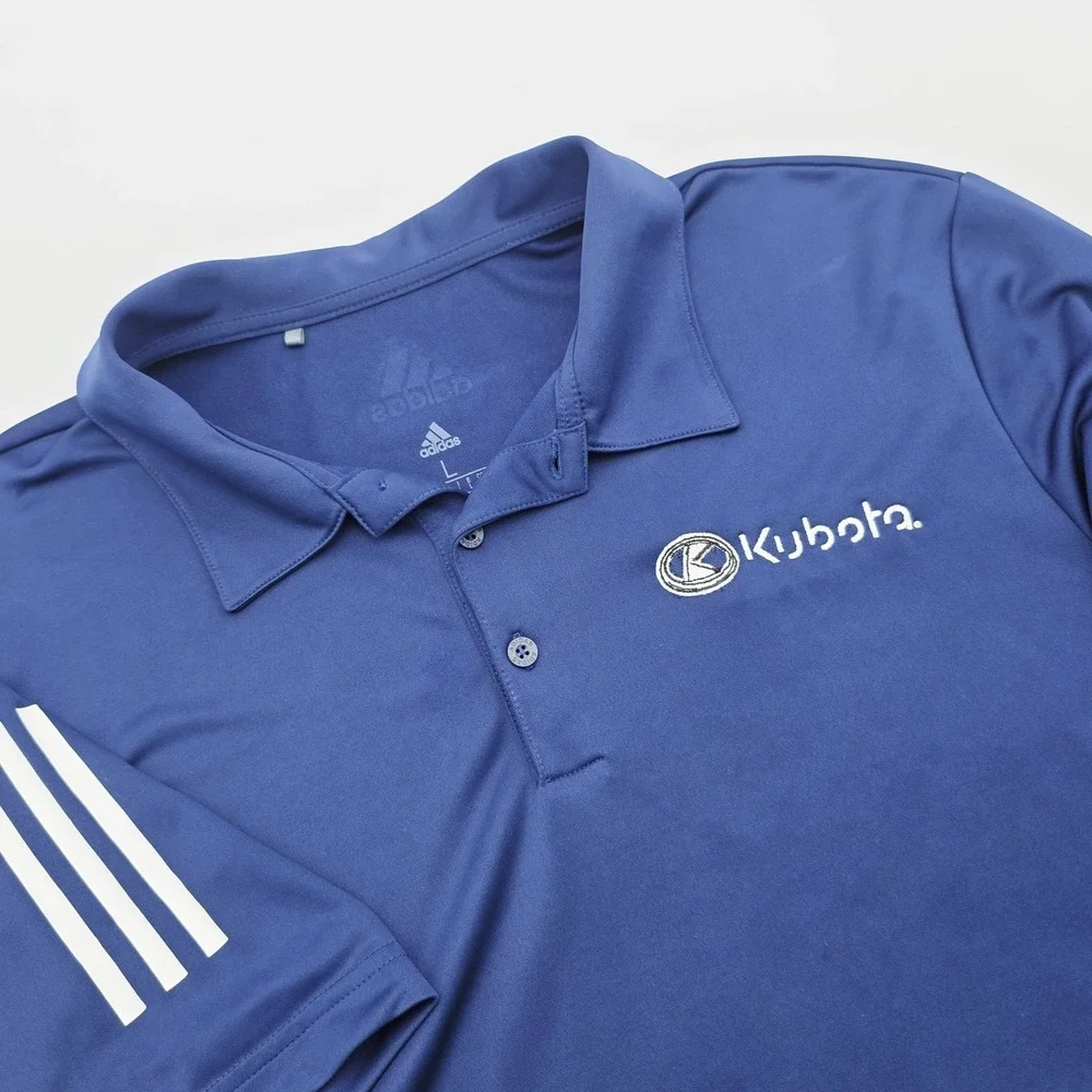 adidas Men's Large Navy Blue Polo Kubota‎ Embroidered Shirt 3 Striped Breathable